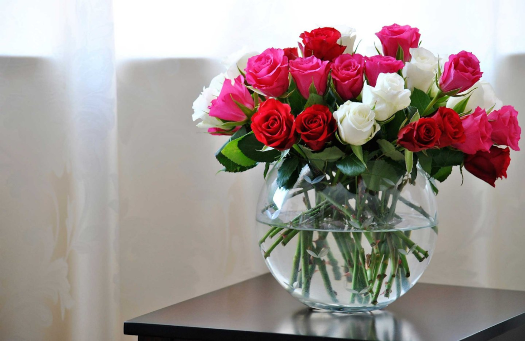 белые и красные розы в вазе